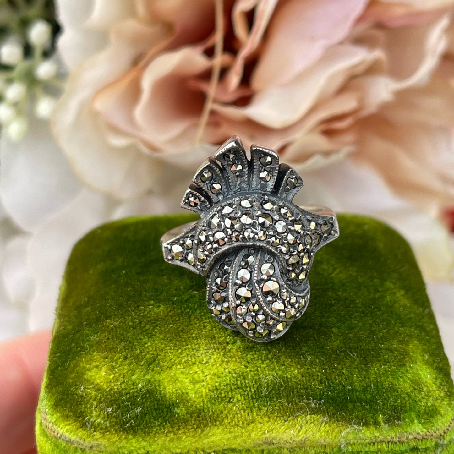 Unreleased: Art Deco Sterling Silver Marcasite Twist Fan Ring M