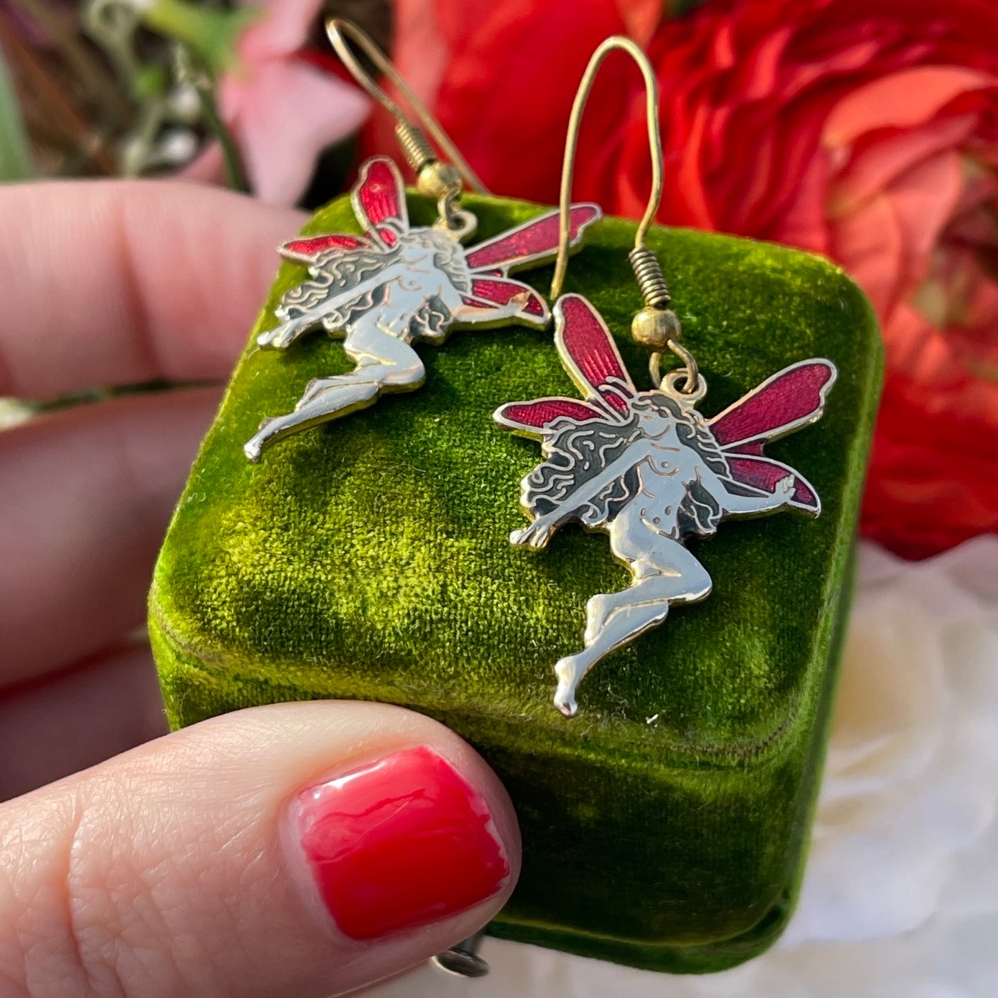 Vintage Cloisonné Enamel Red Gold Fairy Earrings