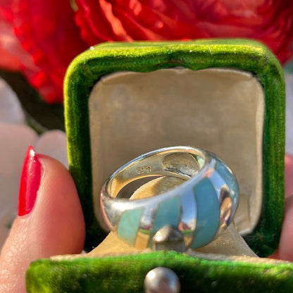 Sterling Silver Turquoise Stripe Bombe Ring Statement Chunky L-M