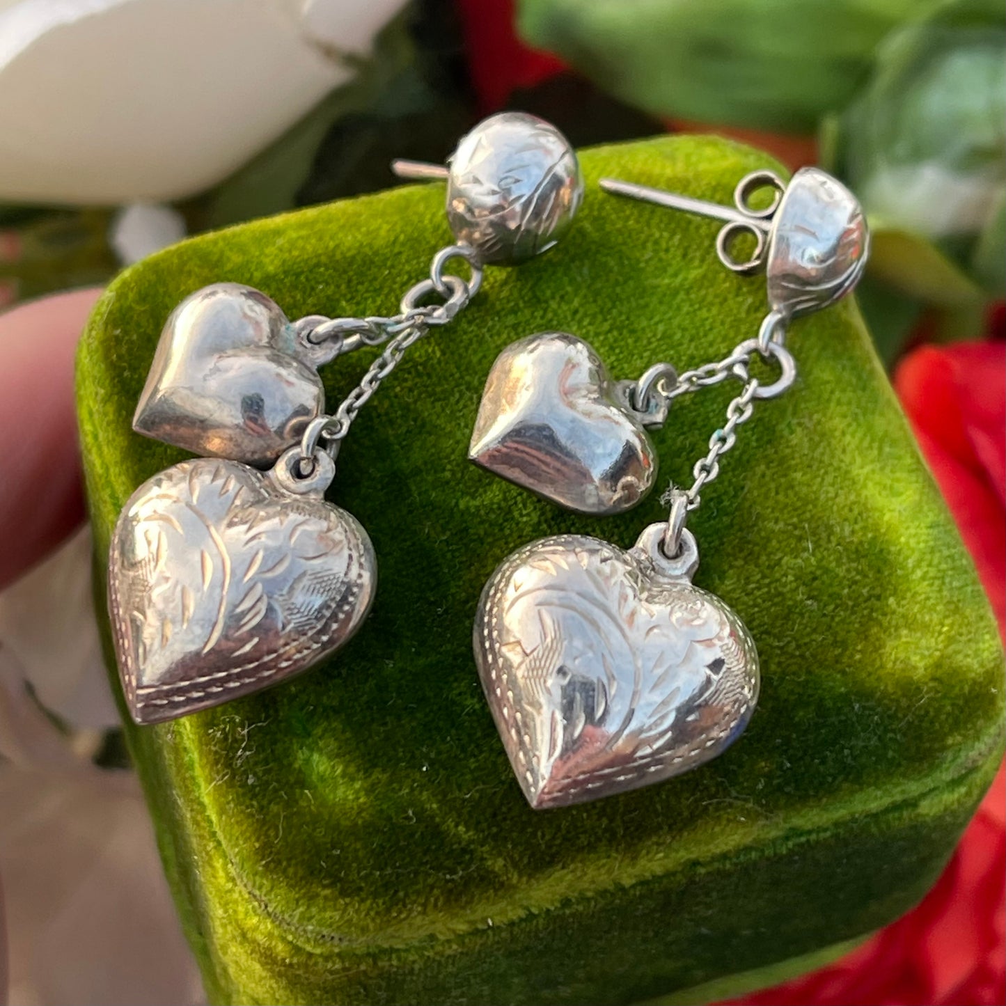 Vintage Sterling Silver Puffy Heart Charm Earrings