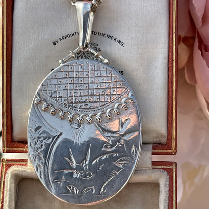 Sterling Silver XL Swallow Floral Engraved Victorian Revival Locket