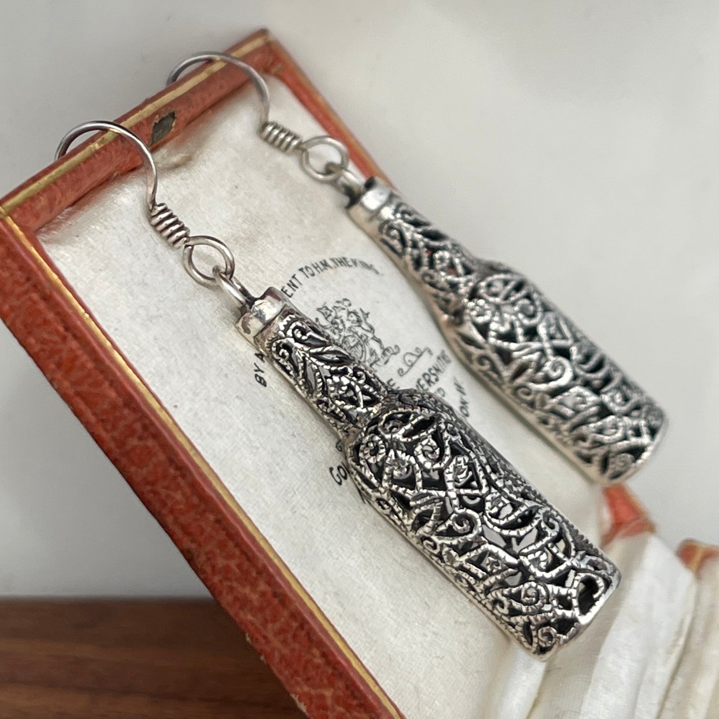 Vintage Sterling Silver Filigree Wine Bottle Drop Earrings