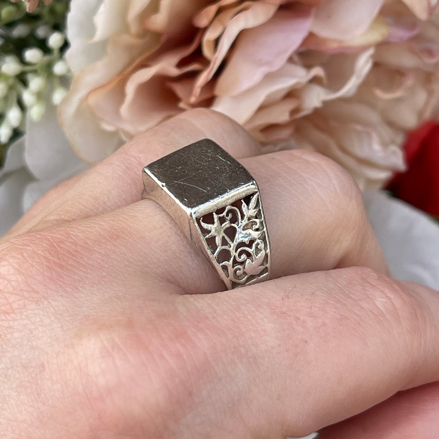 Unreleased: Antique Sterling Silver Openwork Filigree Signet Ring Q