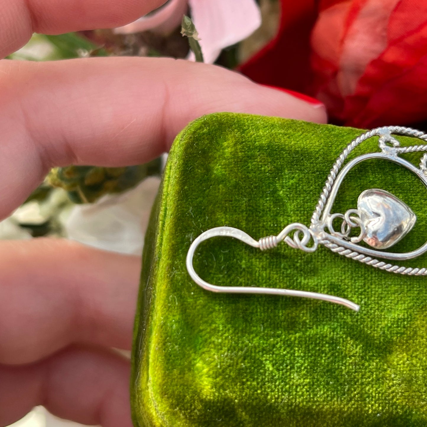 Vintage Sterling Silver Heart Charm Filigree Tear Drop Tassel Chandelier Earrings