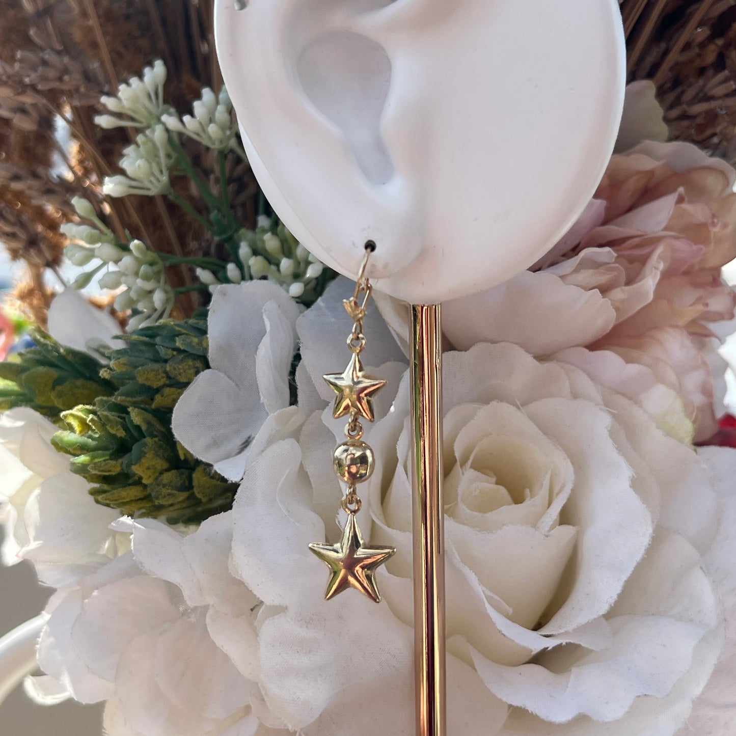 Vintage 9ct Yellow Gold Star Celestial Dropper Earrings Long Rare Moon 2.5g