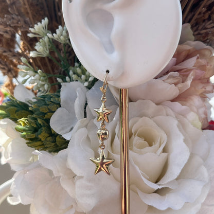 Vintage 9ct Yellow Gold Star Celestial Dropper Earrings Long Rare Moon 2.5g