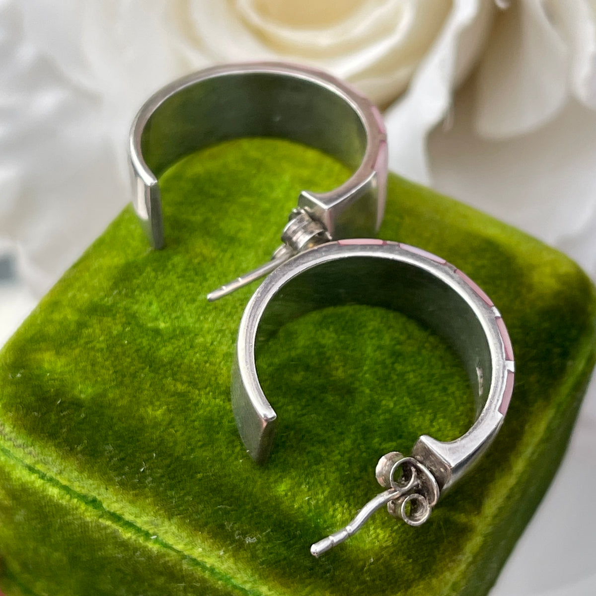 Sterling Silver Pink Mother Of Pearl Bold Half Hoop Earrings