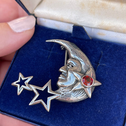 Vintage Sterling Silver Crescent Moon Garnet Brooch