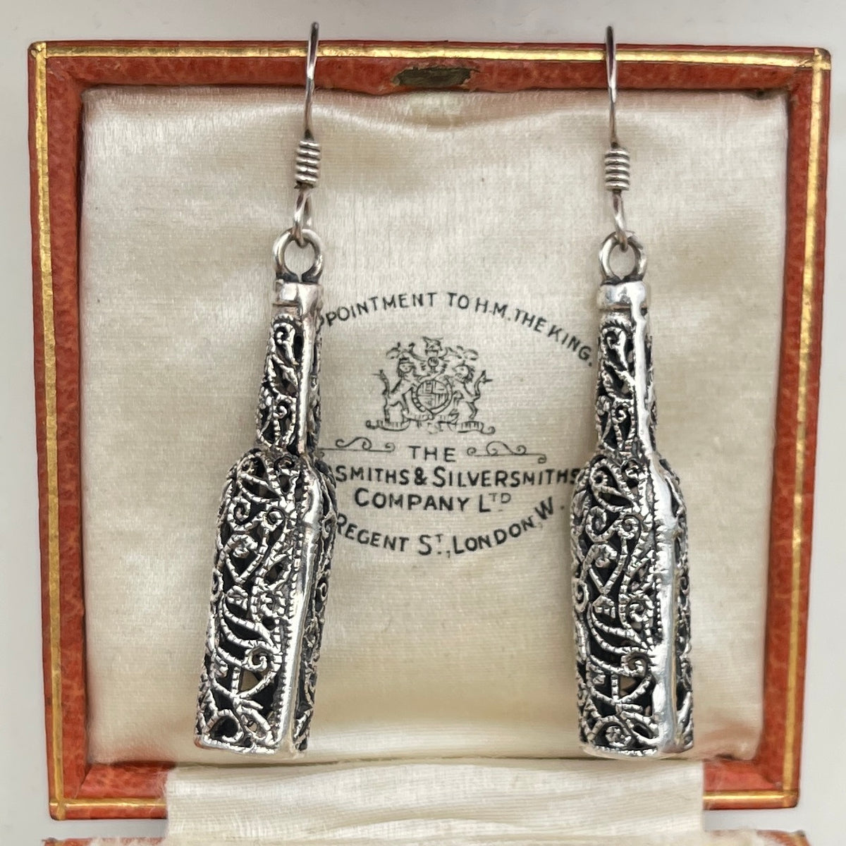 Vintage Sterling Silver Filigree Wine Bottle Drop Earrings