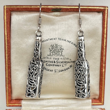 Vintage Sterling Silver Filigree Wine Bottle Drop Earrings