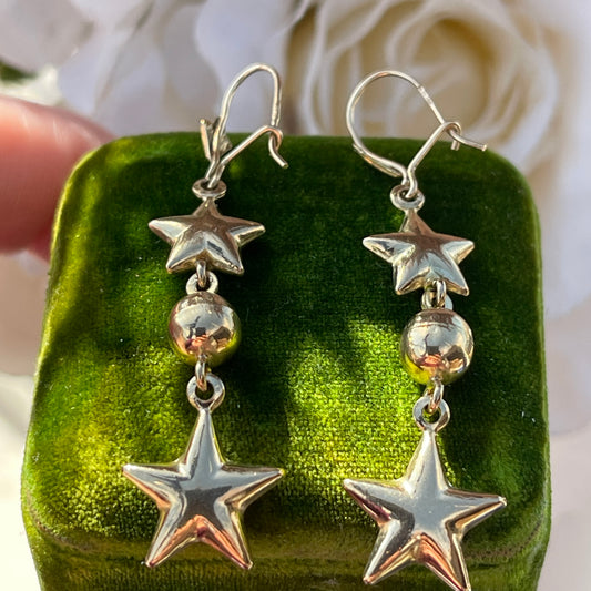 Vintage 9ct Yellow Gold Star Celestial Dropper Earrings Long Rare Moon 2.5g