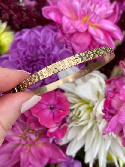 Vintage Rolled Gold Stars Moons Etched Bangle Bracelet
