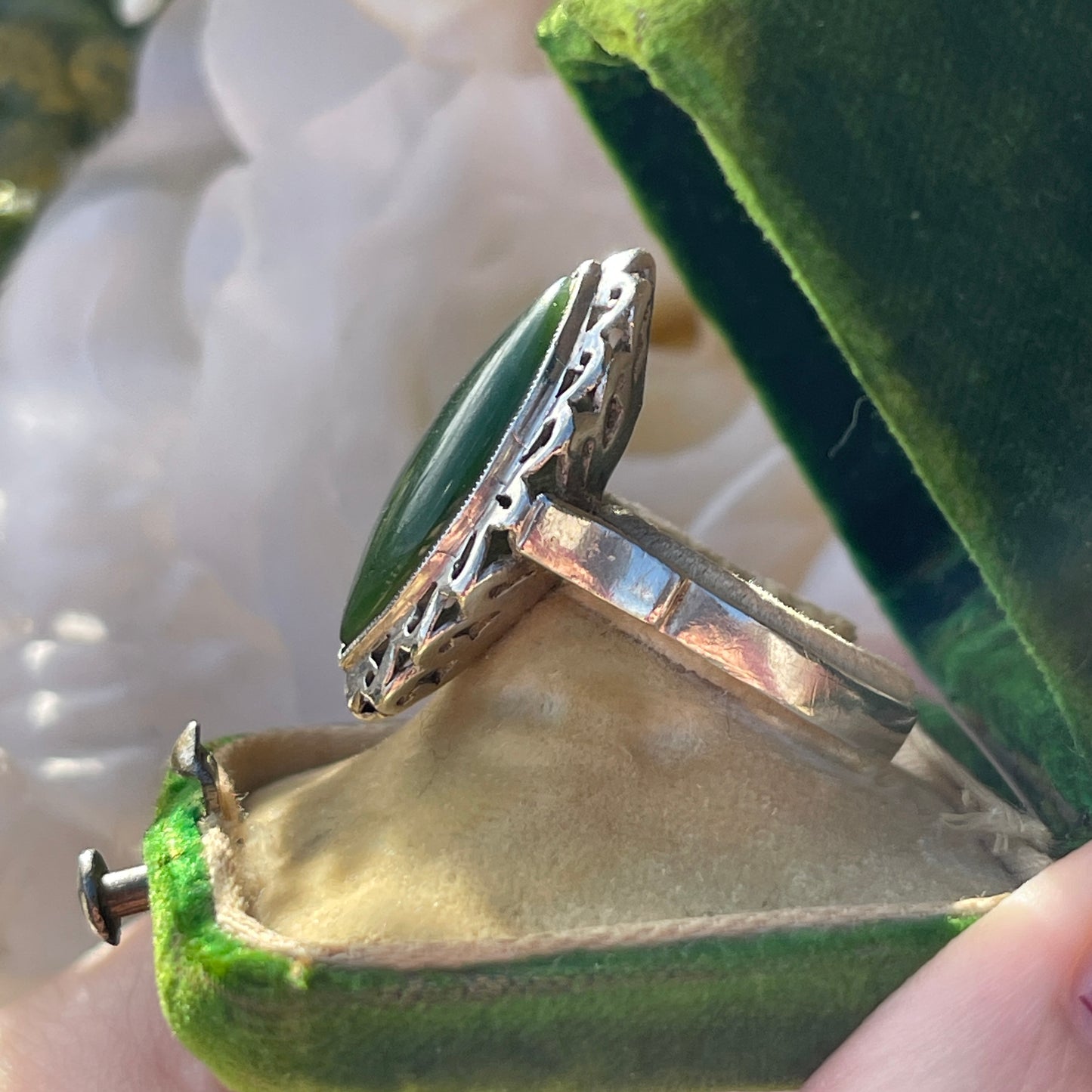 Antique Sterling Silver Large Navette Nephrite Jade Ring UK Q 5g