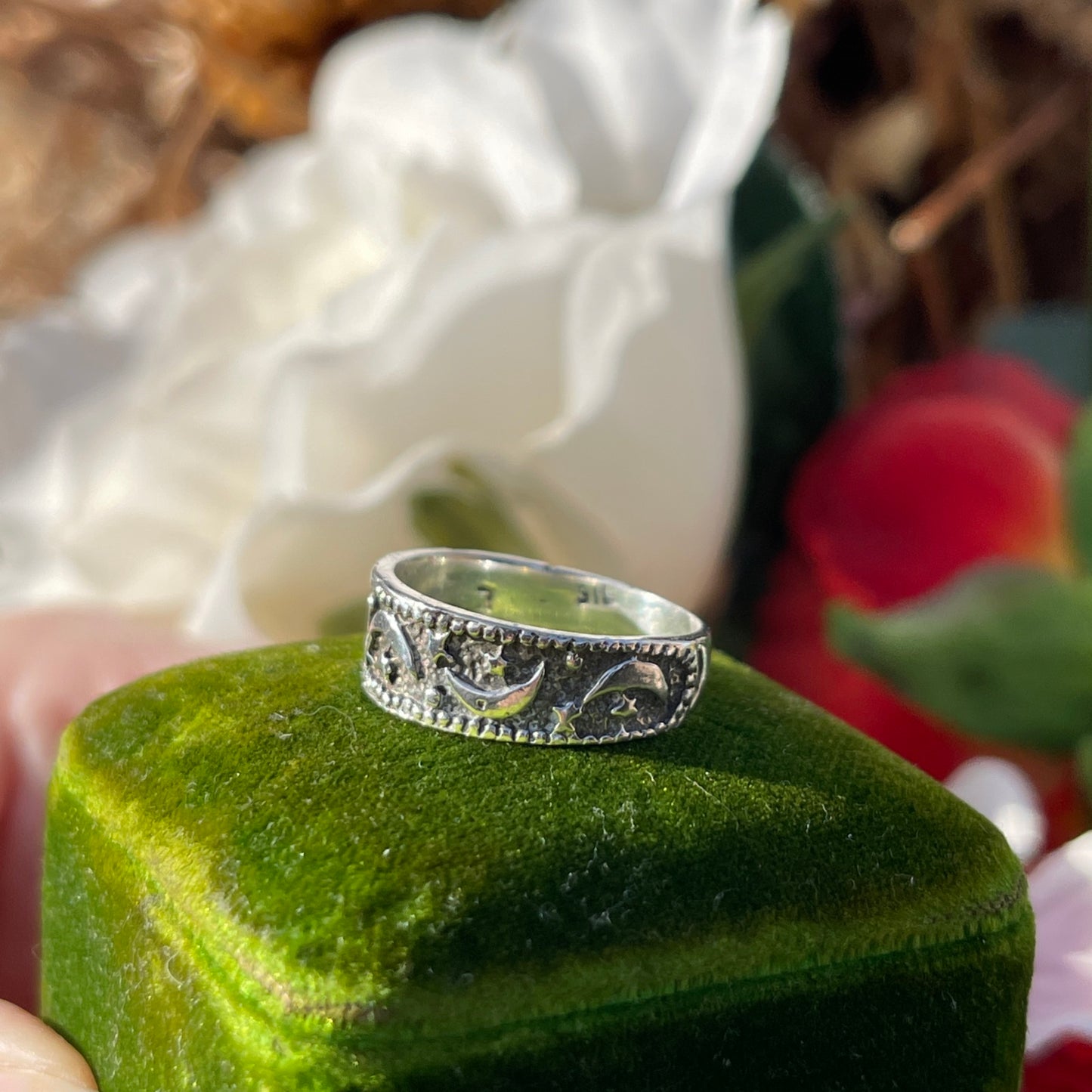 Vintage Sterling Silver Celestial Moon & Stars Ring L