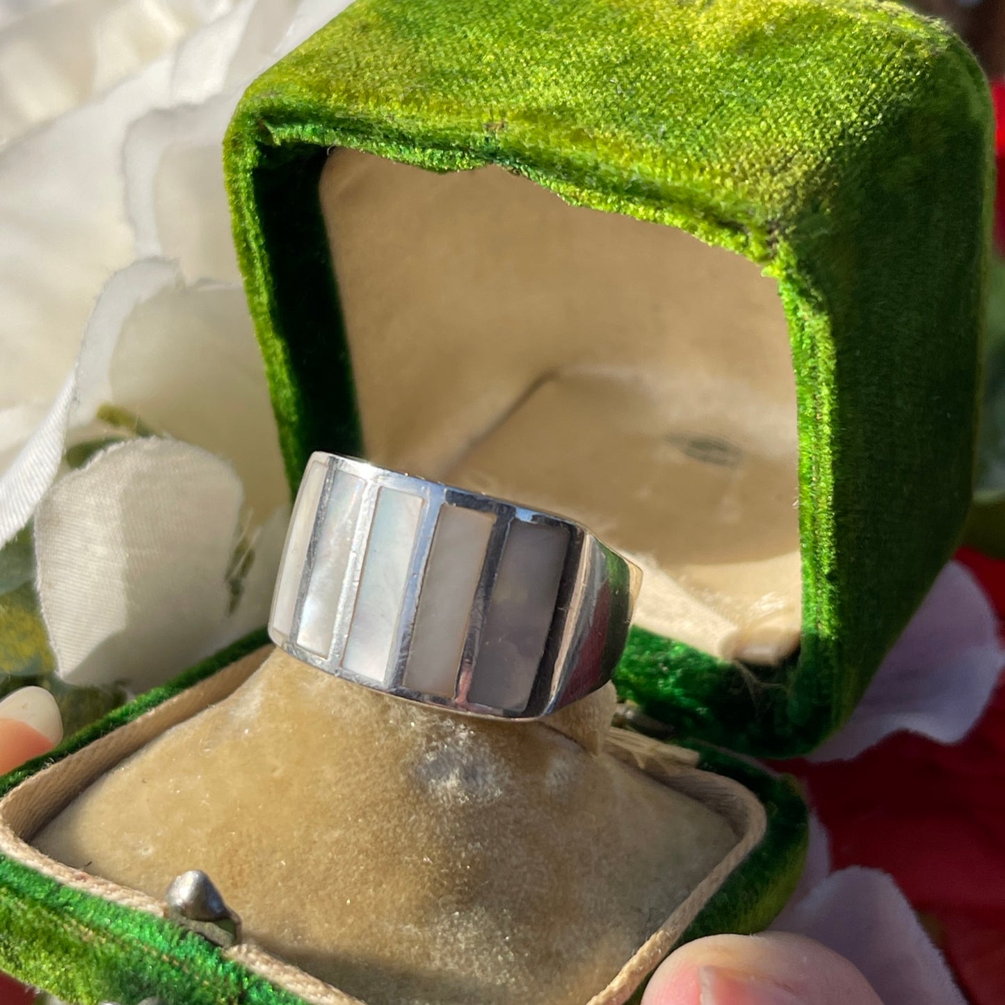 Vintage Sterling Silver Mother Of Pearl Panel Chunky Ring Q