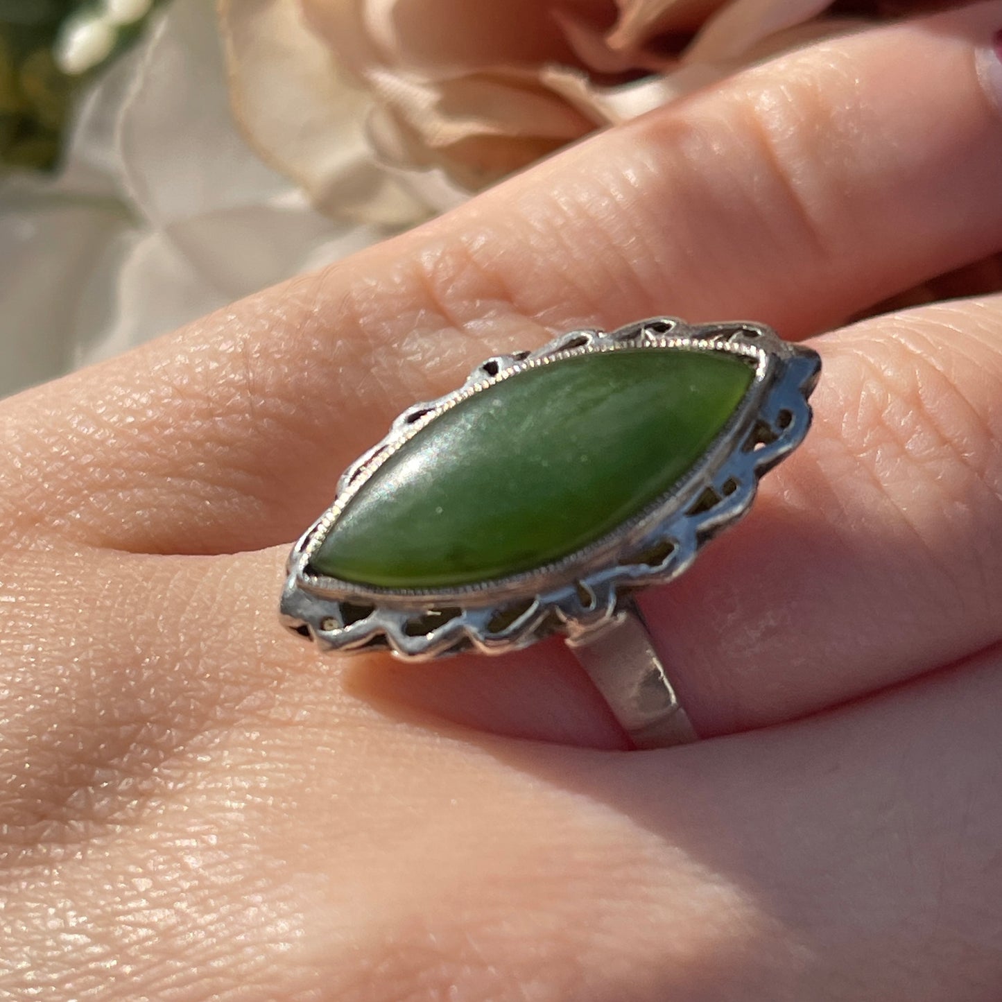 Antique Sterling Silver Large Navette Nephrite Jade Ring UK Q 5g