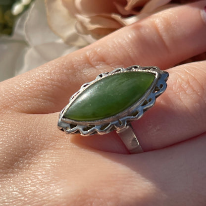 Antique Sterling Silver Large Navette Nephrite Jade Ring UK Q 5g
