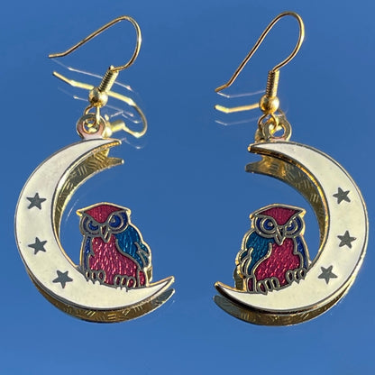 Vintage Cloisonné Moon Owl Earrings