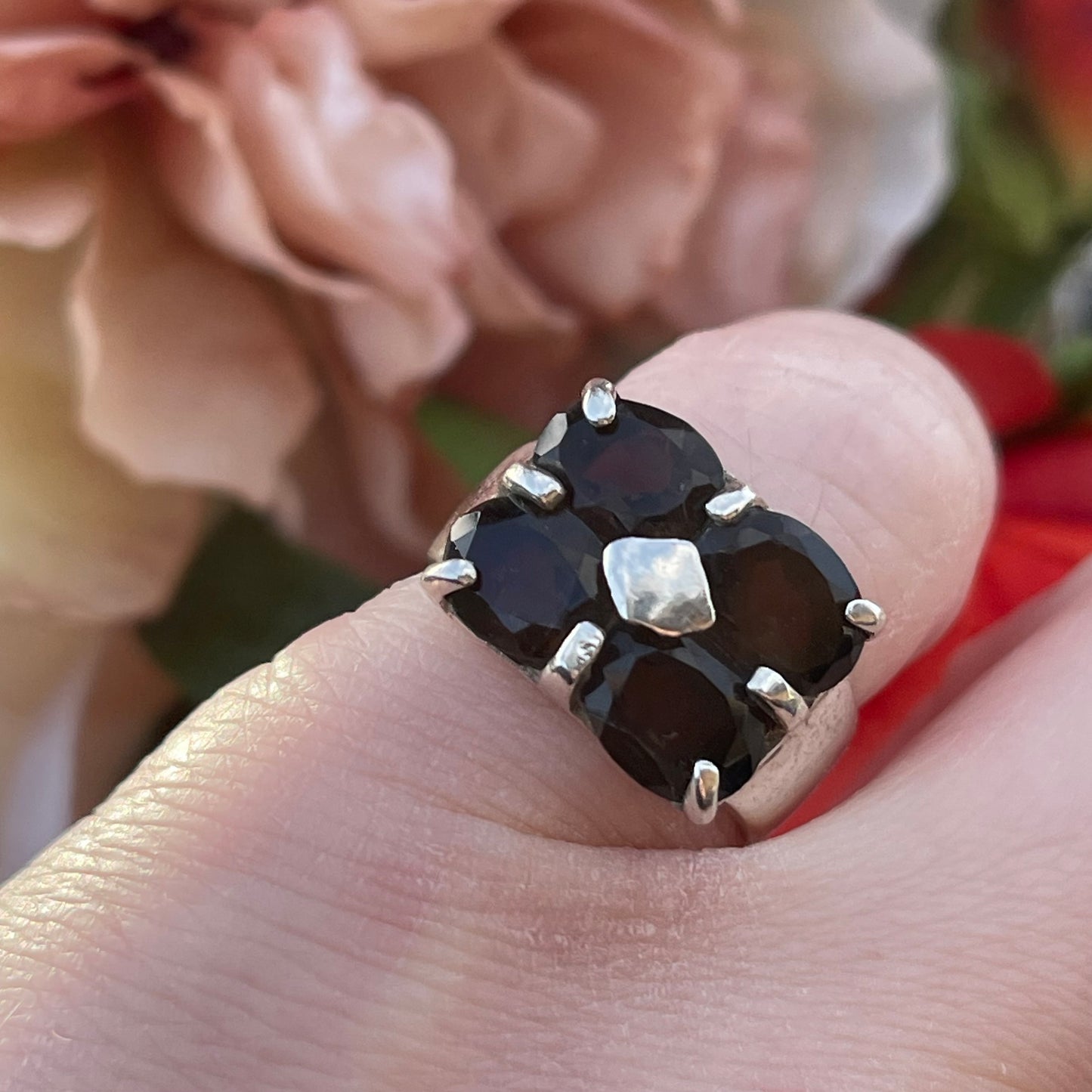 Vintage Sterling Silver Chunky Smoky Quartz Quad Ring Statement 925 L Heavy 6g