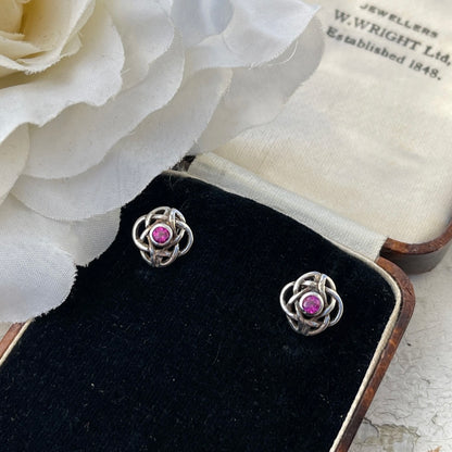 Vintage Sterling Silver Celtic Knot Ruby Stud earrings 1.8g