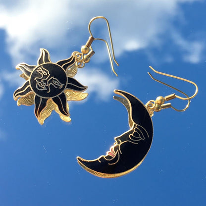 Vintage Black Cloisonné Celestial Sun and Moon earrings
