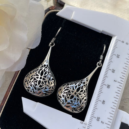 Vintage Sterling Large Open work Filigree Tear Drop Dropper Earrings