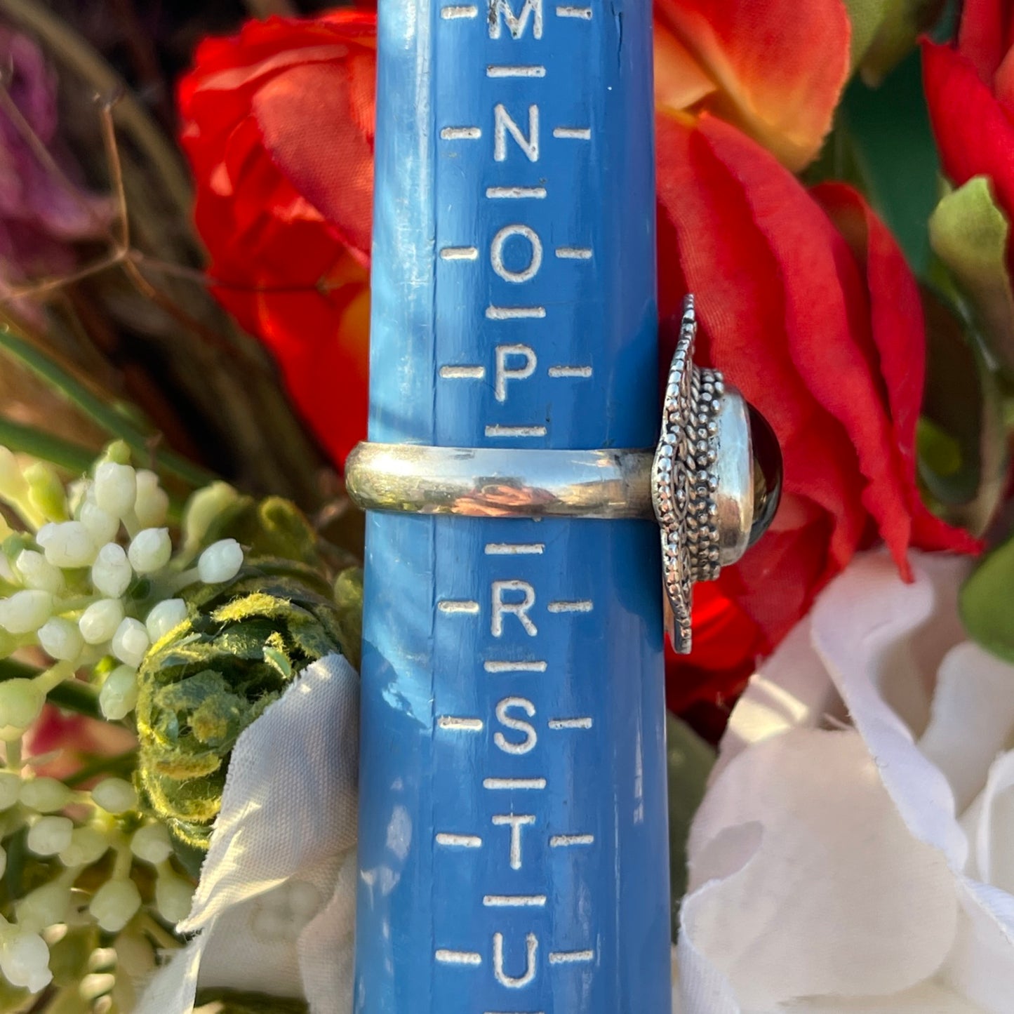 Sterling Silver Ornate Garnet Red Stone Ring Q