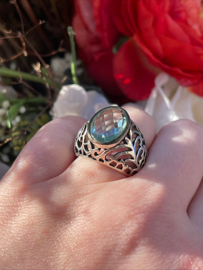 Vintage Sterling Silver Openwork Chunky Ring Blue Stone P-Q Heavy 8.7g