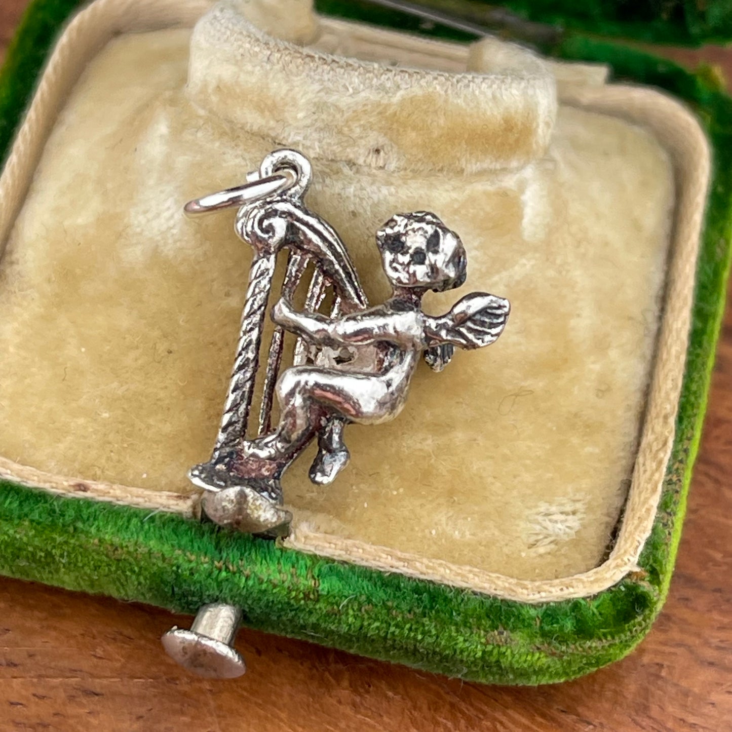 Vintage Sterling Silver Puffy Cherub Harp Charm
