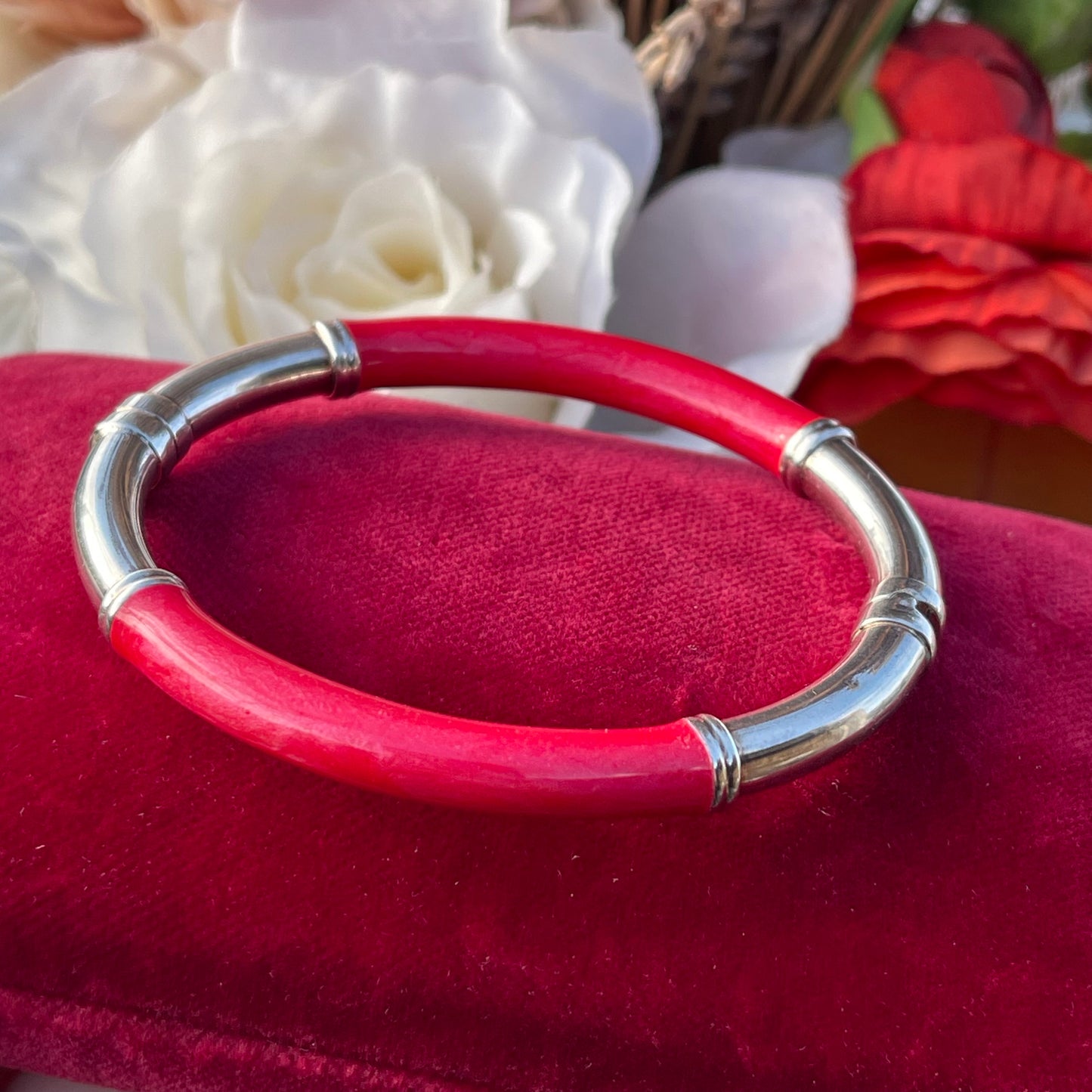Vintage Sterling Silver Milor Italy Red Enamel Bangle Rare 16g
