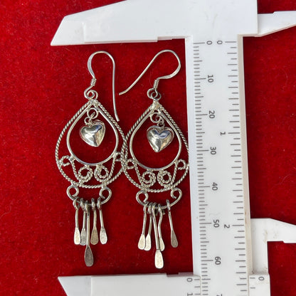 Vintage Sterling Silver Heart Charm Filigree Tear Drop Tassel Chandelier Earrings