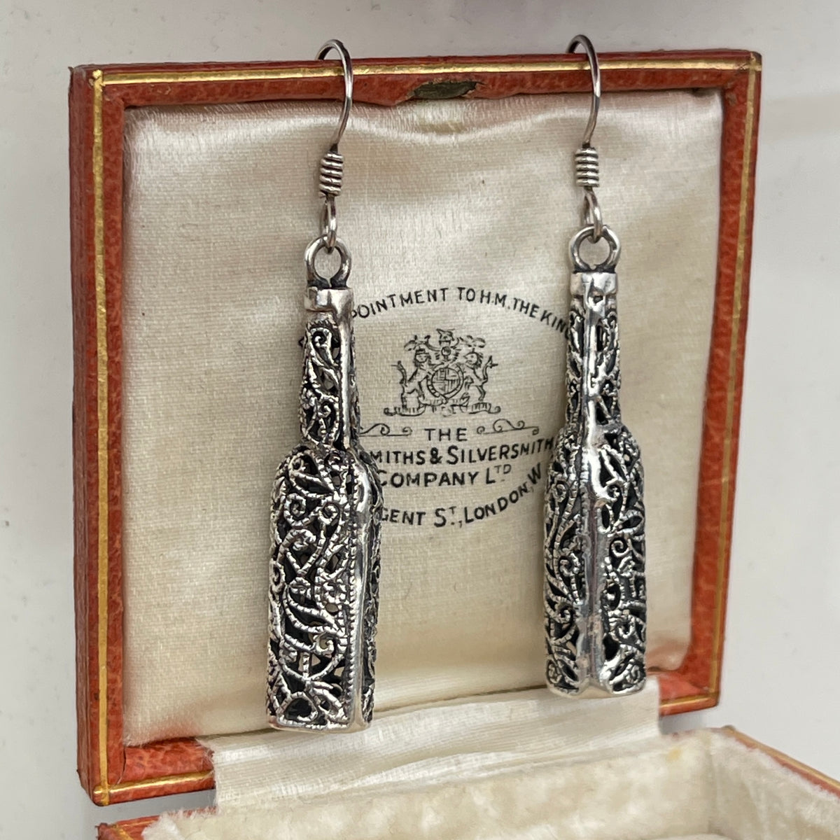 Vintage Sterling Silver Filigree Wine Bottle Drop Earrings