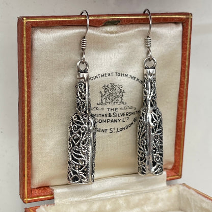 Vintage Sterling Silver Filigree Wine Bottle Drop Earrings