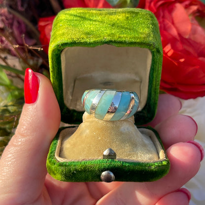 Sterling Silver Turquoise Stripe Bombe Ring Statement Chunky L-M