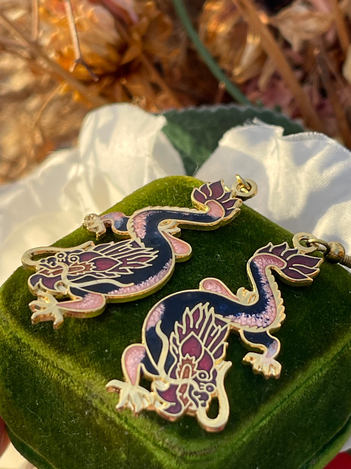 Vintage Cloisonné Mystical Black Pink Dragon Dropper Earrings