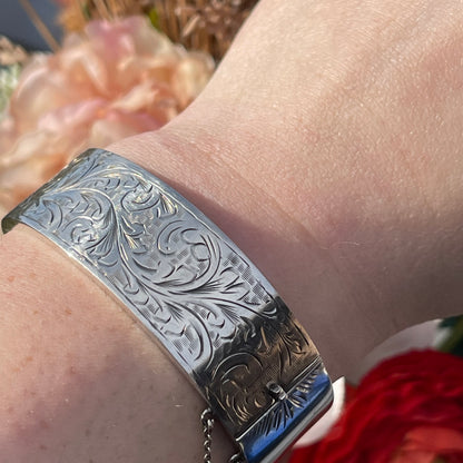 Vintage Sterling Silver Filigree Bracelet Bangle Cuff Thick Hallmarked 1953 27g