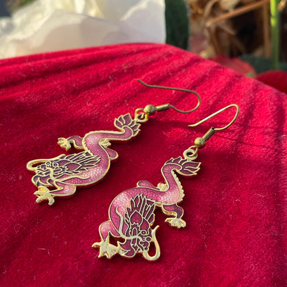 Vintage Cloisonné Mystical Red Pink Dragon Dropper Earrings