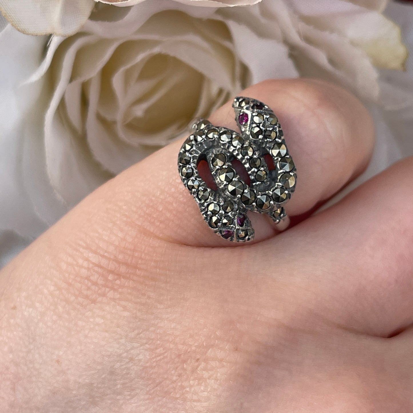 Unreleased: Art Deco Sterling Silver Ruby Eye Marcasite Double Snake Ring K