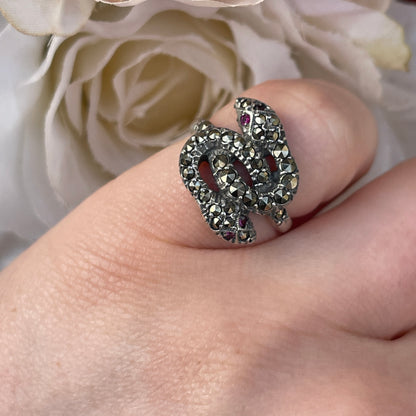 Unreleased: Art Deco Sterling Silver Ruby Eye Marcasite Double Snake Ring K