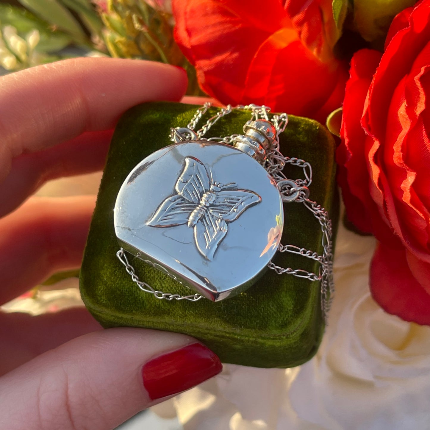 Vintage Silver Butterfly Perfume Bottle Pendant Necklace