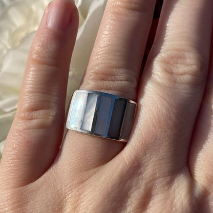 Vintage Sterling Silver Mother Of Pearl Panel Chunky Ring Q