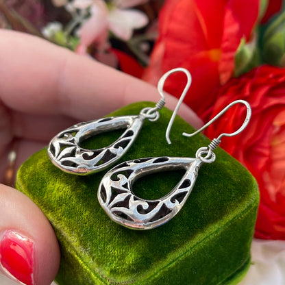 Vintage Sterling Silver Tear Drop Open work Filigree Hoop Dropper Earrings