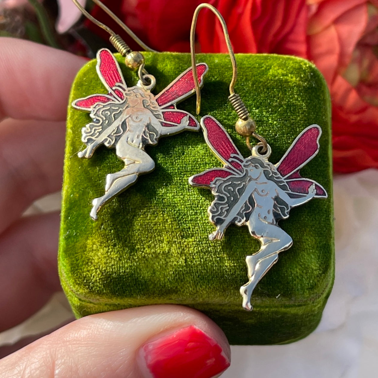Vintage Cloisonné Enamel Red Gold Fairy Earrings