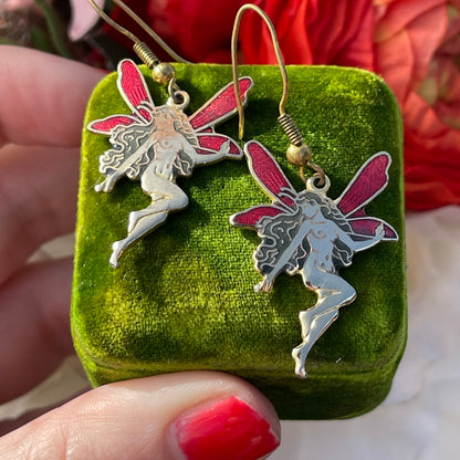 Vintage Cloisonné Enamel Red Gold Fairy Earrings
