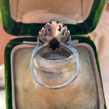 Antique Sterling Silver Large Navette Nephrite Jade Ring UK Q 5g