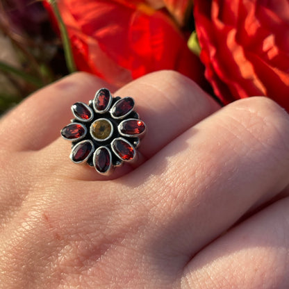 Vintage Sterling Silver Garnet And Citrine Flower Ring Indian P