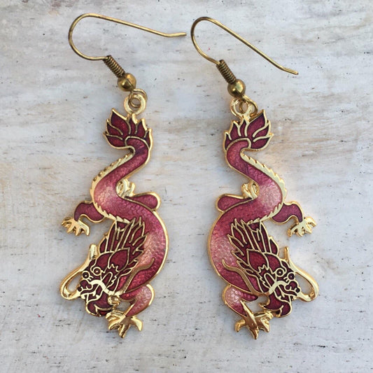 Vintage cloisonne red dragon earrings