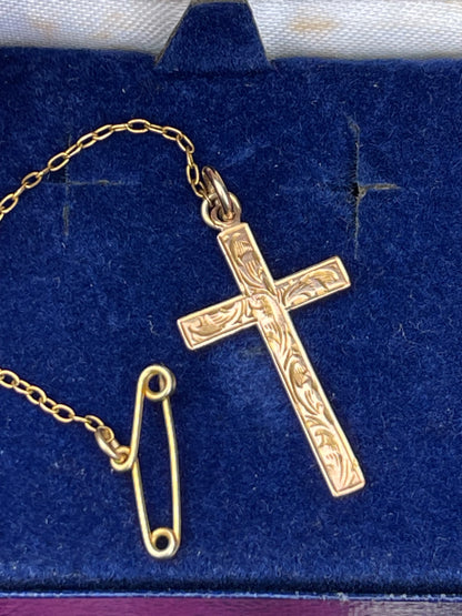 Antique Victorian 9ct Gold Engraved Cross Pendant