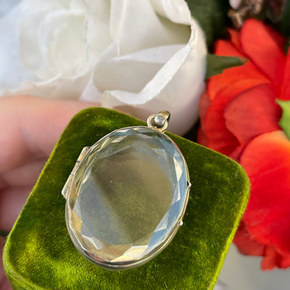 Antique Victorian Silver Rock Crystal Locket Pendant Rare