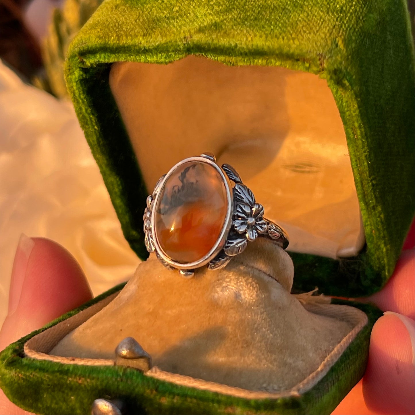 Vintage Sterling Silver Fish Moss Agate Ring Bernard Instone Arts Crafts 1910 L